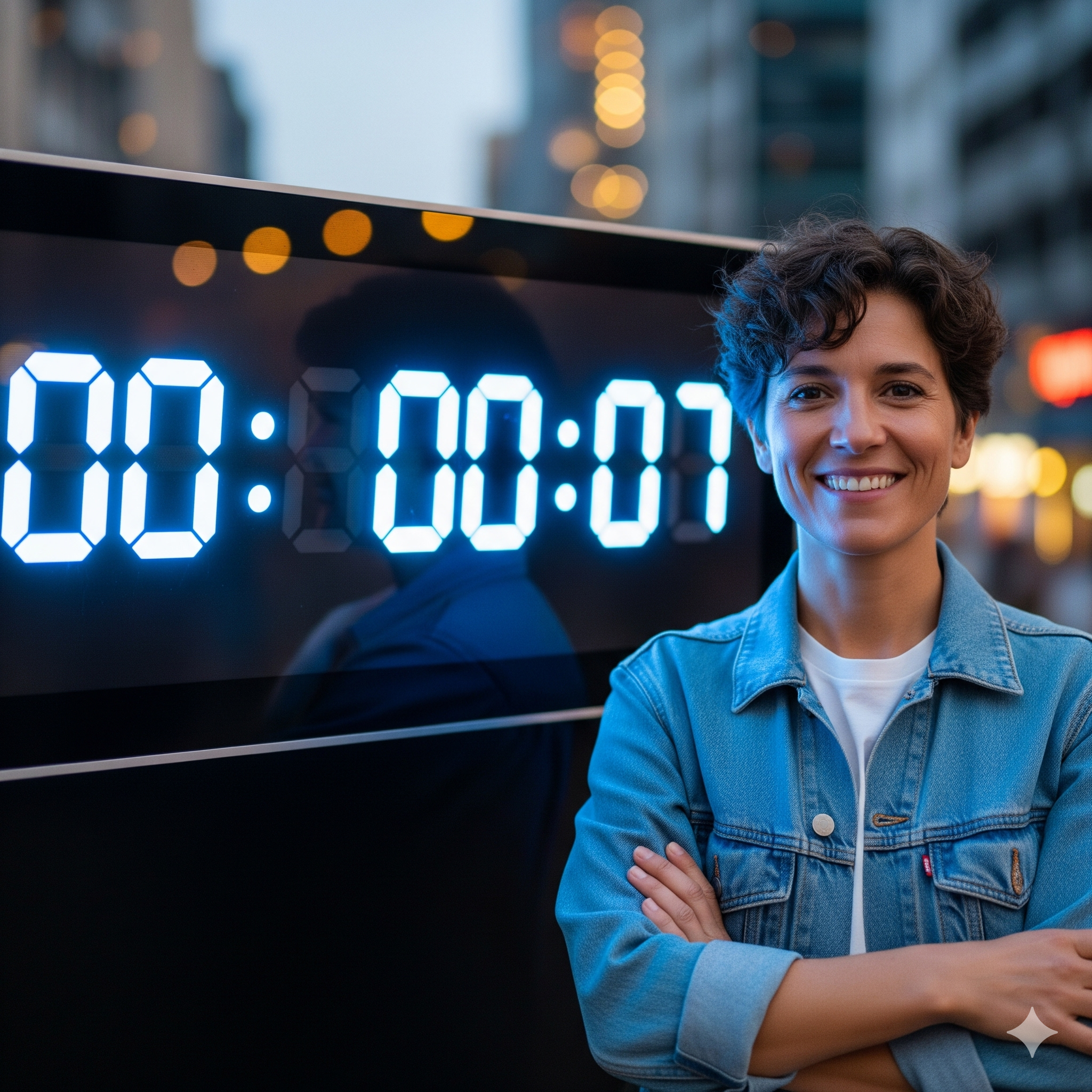 Relógio com contagem regressiva e uma pessoa sorrindo sem tensão